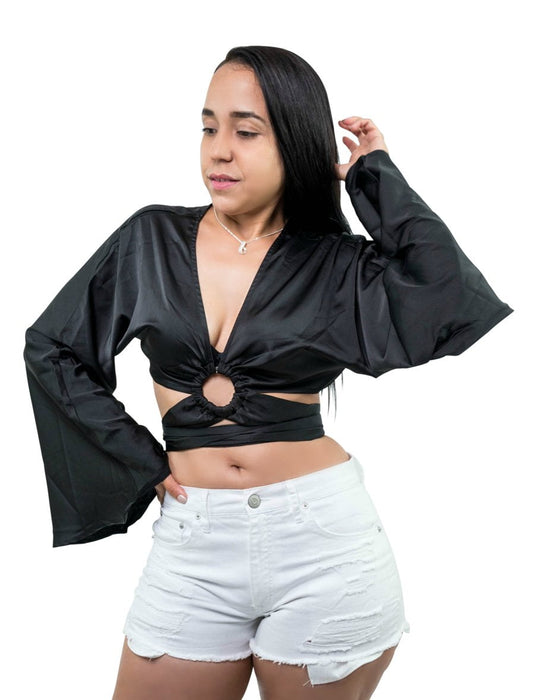 Black Long Bell Sleeve Crop Top O-ring Criss Cross Tie Front