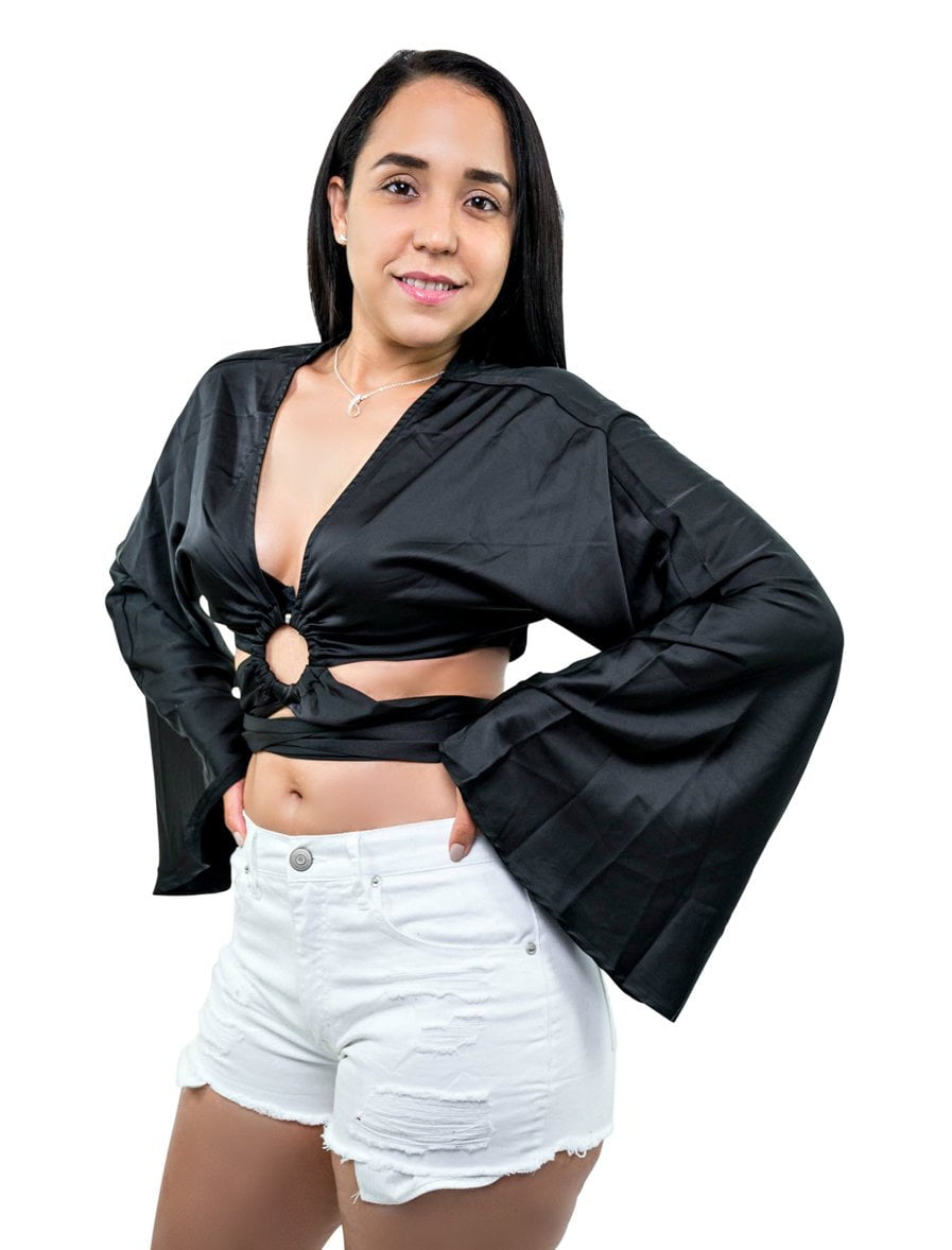 Black Long Bell Sleeve Crop Top O-ring Criss Cross Tie Front
