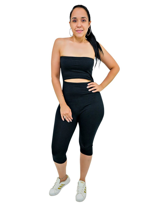 Black Women Strapless Biker Length Summer Romper With Cut Out Front