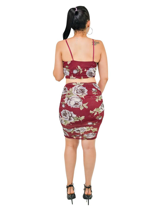 Burgundy Floral Print Sleeveless Crop Top And Fitted Mini Skirt Two Piece Matching Sets Outfits