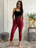 Burgundy High Waisted Paperbag Faux Leather Pants With Pocket