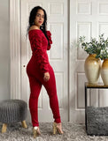 Burgundy Off Shoulder Bodycon Zipper Front Jumpsuit Ruched Sleeves