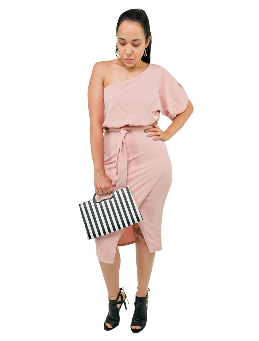 Dusty Pink Midi Dress One Shoulder Bodycon With Front Split Tie Waist 