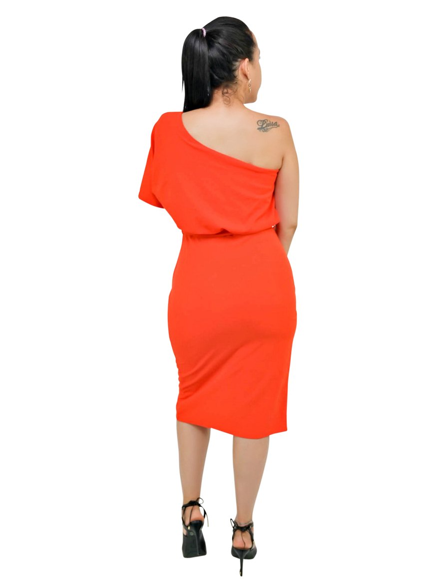 Orange Midi Dress One Shoulder Bodycon With Front Split Tie Waist