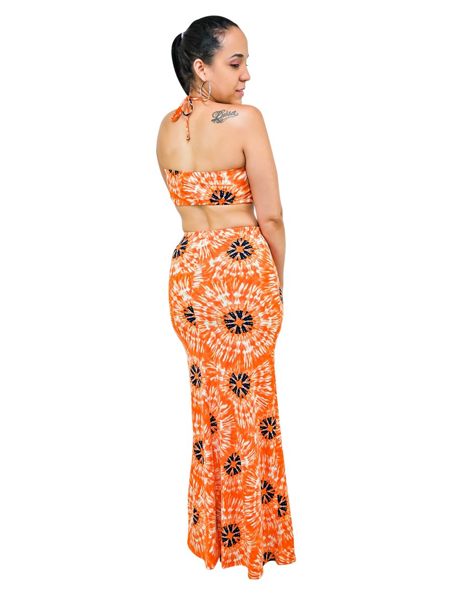 Orange Two Piece Tie Front Top Bra And Maxi Skirt Matching Sets Outfits