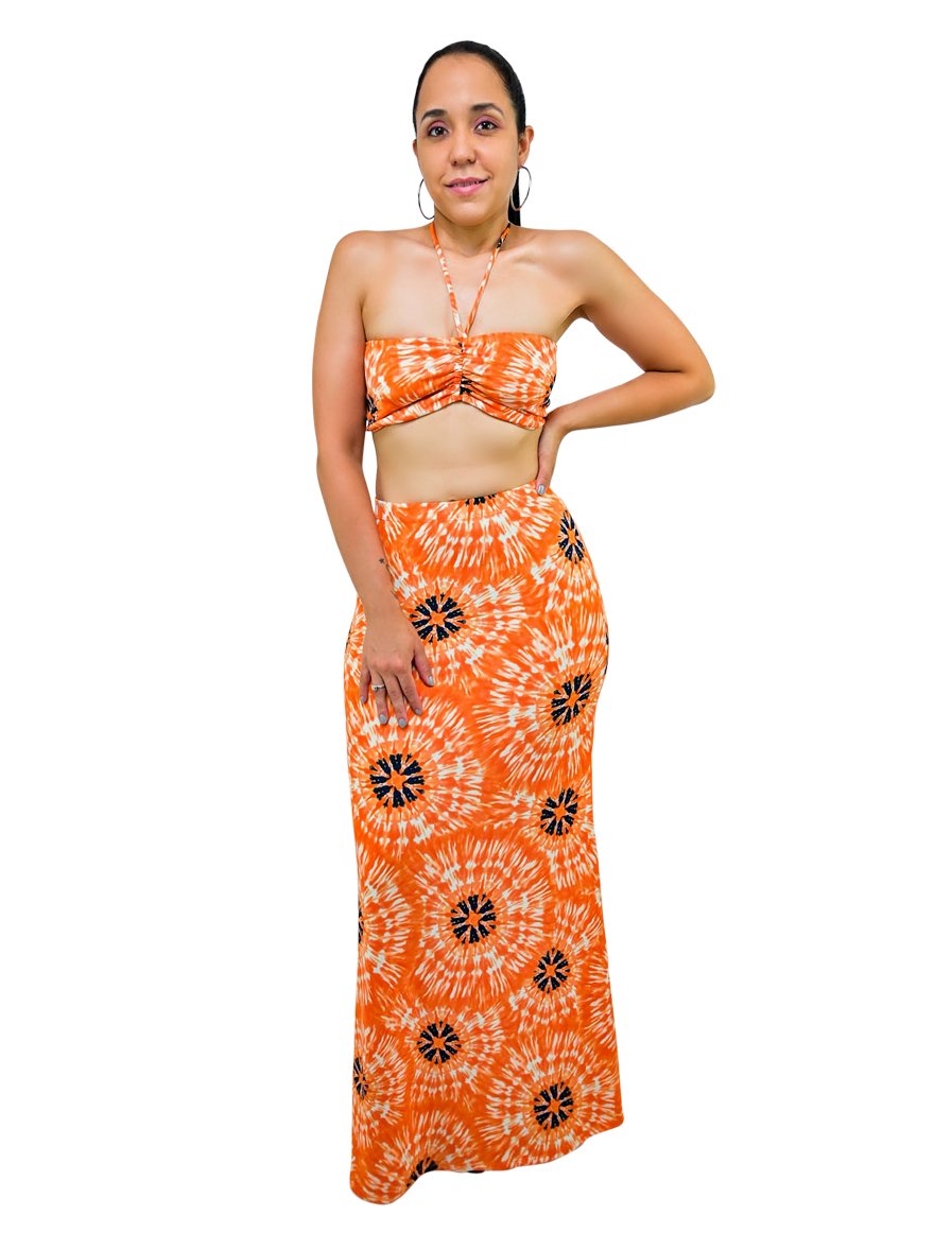 Orange Two Piece Tie Front Top Bra And Maxi Skirt Matching Sets Outfits