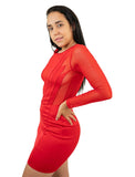 Red Bodycon Mini Dress Long Sleeve Round Neckline And Transparent Application