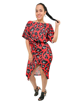 Red Leopard Print Batwing Midi Dress Front Wrap Waist Tie 