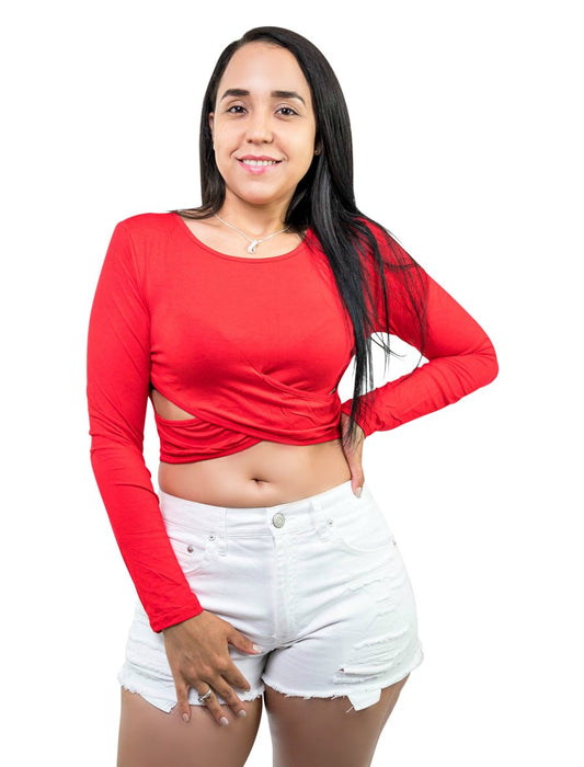 Red Sleeve Crop Top Cut Out Round Neck
