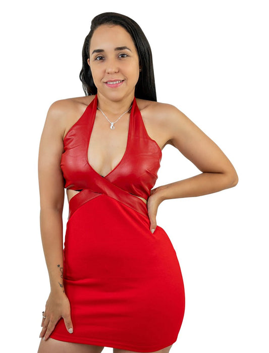 Red Summer Casual Sleeveless Bodycon Mini Dress Faux Leather Neck