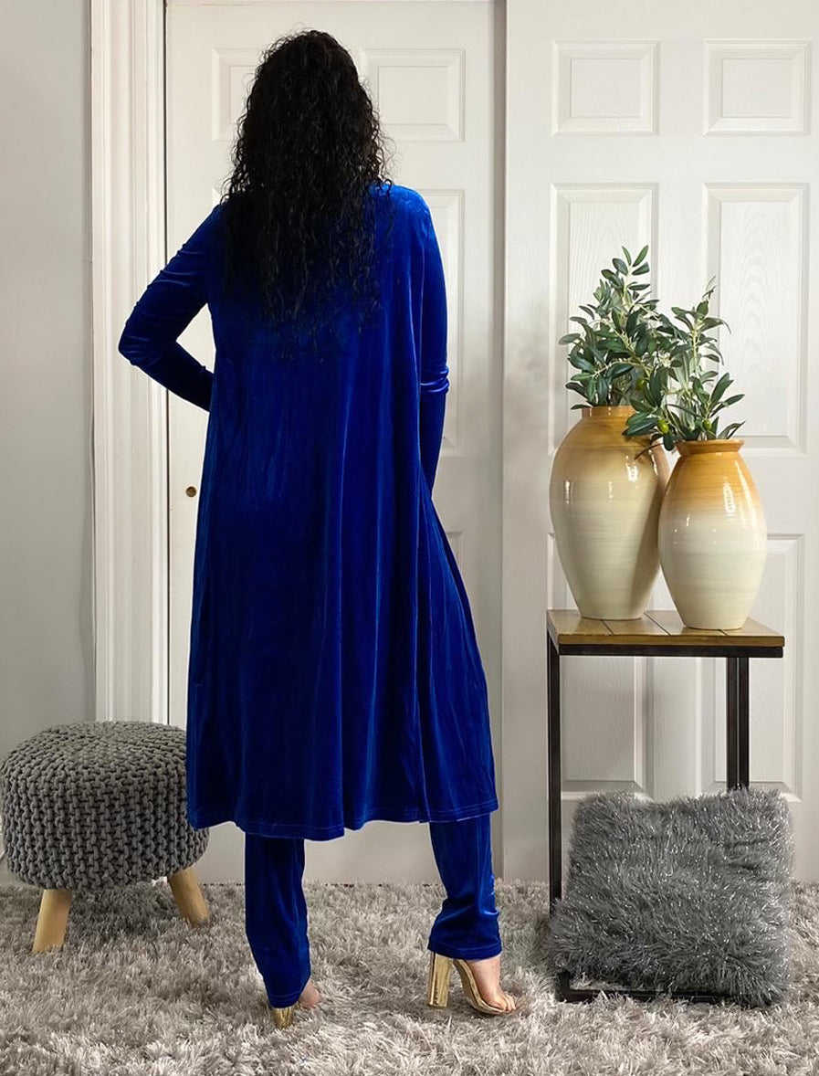 Royal Blue High Waisted Pants Bandeau Top Long Open Front Cardigan 3 Piece Outfit Set