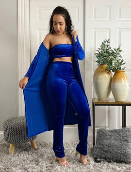Royal Blue High Waisted Pants Bandeau Top Long Open Front Cardigan 3 Piece Outfit Set