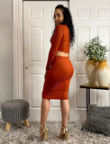 Rust Ribbed Knit  Long Sleeve Crop Top And Skirt Set