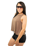 Solid Cappuccino Crop Top Sleeveless Round Neck
