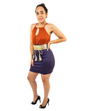 Tie Neck Two Tone Sleeveless Summer Mini Dress With Gold Belt