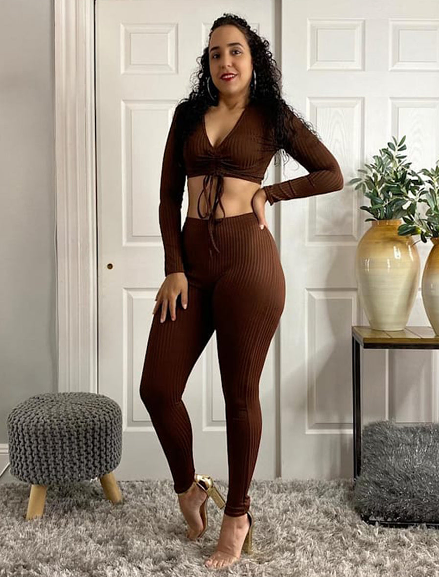 Two Piece Outfits Ruched Front Crop Top And Leggings Matching Pants Set