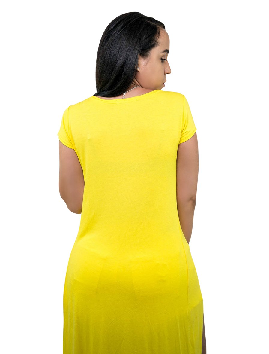 Yellow  Long Line Split Front Top Shirt V-Neck Short Sleeve Wrap Look